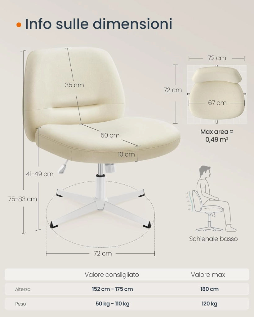 Sedia da Ufficio, Sedia da Studio Girevole, Stile Contemporaneo con Base a Croce, Seduta Ampia e Confortevole, Altezza Regolabile, Tessuto Cotone-lino, Bianco Crema OBG046W01