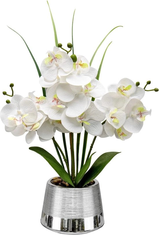 Orchidea in vaso da 40 cm, fiori artificiali, pianta con 14 fiori, orchidea in vaso zinco, decorazione per matrimonio, soggiorno, ufficio, camera da letto