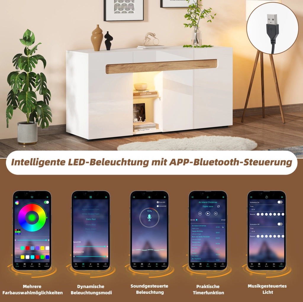 Credenza moderna a 3 ante con luce LED e controllo da app