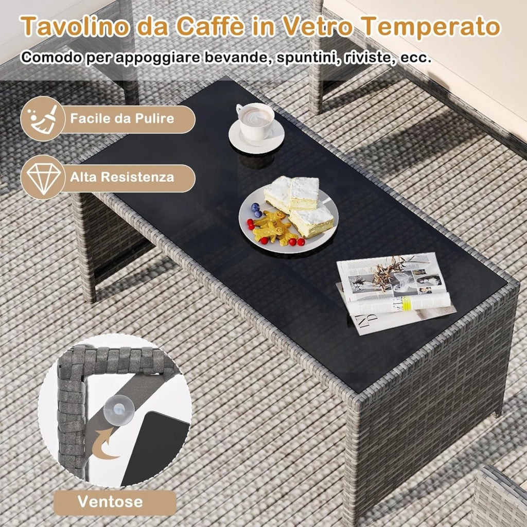 Set Mobili da Giardino in Rattan PE, Divano a 2 Posti e 2 Poltrone con Cuscini Comfort, Tavolino con Piano in Vetro, Arredo da Esterno per 4 Persone per Patio, Balcone, Cortile (Grigio+Bianco)