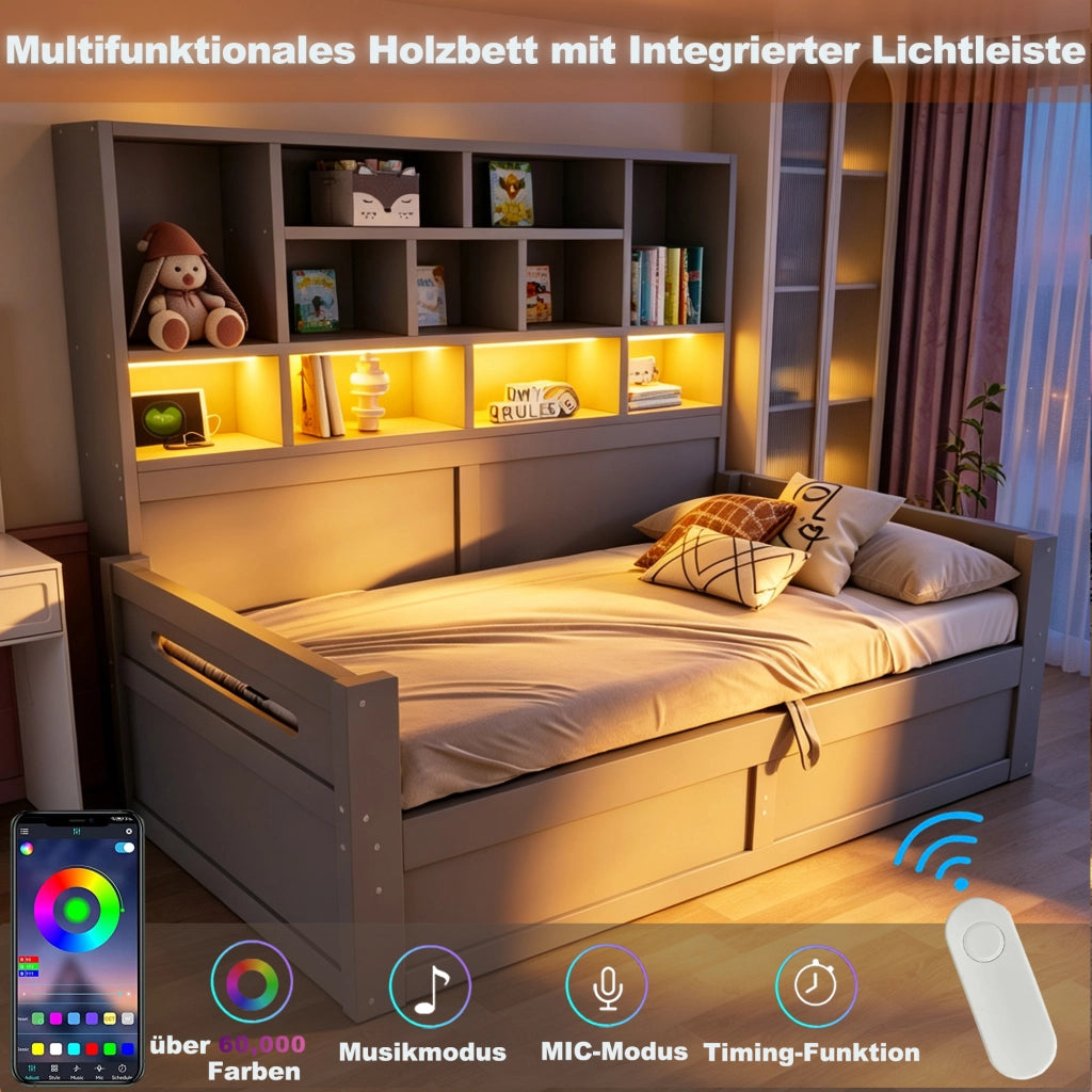 Letto contenitore 90x200 cm con sollevamento idraulico; LED; USB e ripiani portaoggetti; MDF grigio