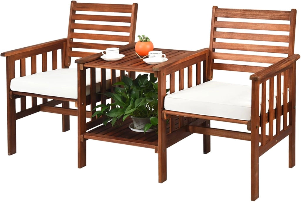 Set Tavolo e Sedia da Giardino con Foro per Ombrello, Set di Mobili a 2 Posti da Esterno in Legno di Acacia con Cuscini, per Giardino, Cortile e Bordo della Piscina (Rosso)
