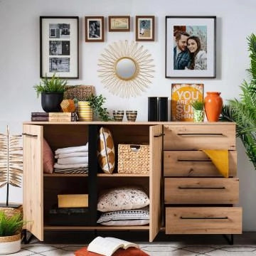 MOBILE CREDENZA IN LEGNO TRUCIOLARE BILAMINATO COLORE ROVERE ARTIGIANO E NERO CM 159 X 42 X 92,5 H OKX