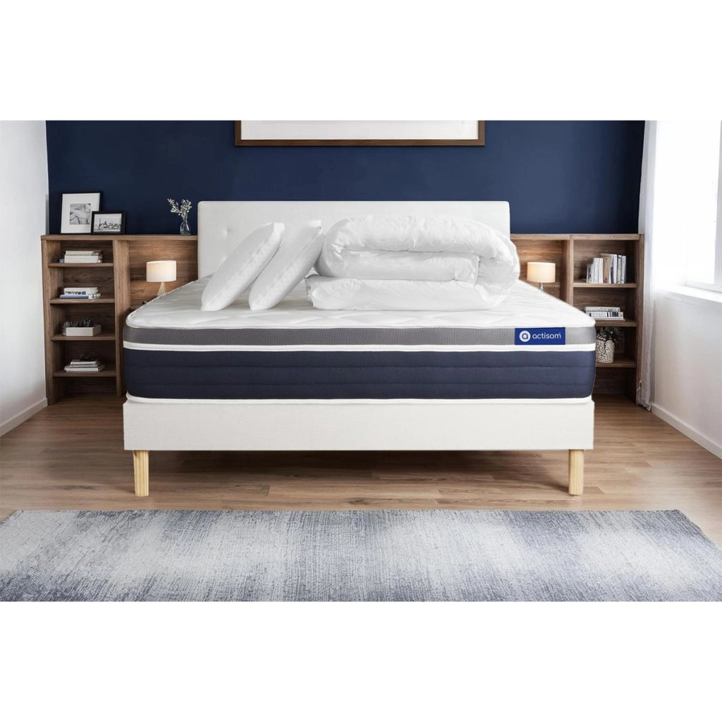 Pacchetto letto completo - Materasso 160x200cm + Box spring con doghe (in kit) + 2 cuscini + Piumino - Actiflex Confort