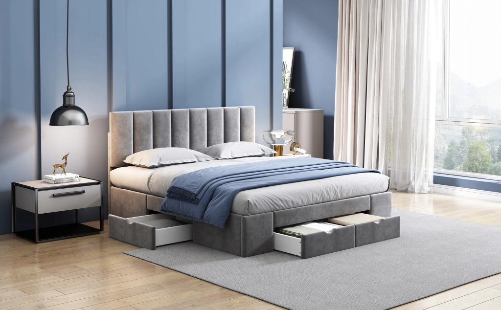 Letto imbottito 160x200 - Xylo - Grigio velluto, 4 cassetti