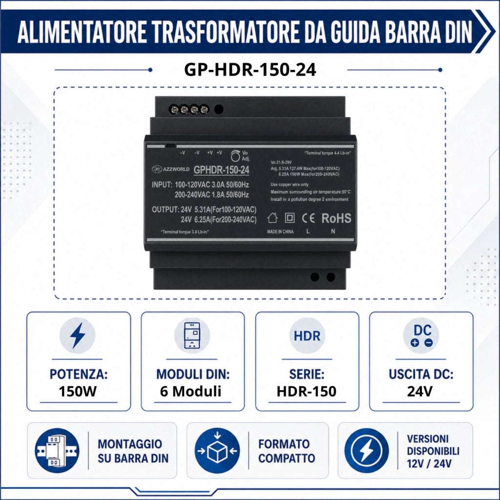 Alimentatore Trasformatore Da Guida Barra DIN 150W, 6 Moduli, Serie HDR-150, Disponibili DC 12V 24V (DC 24V)