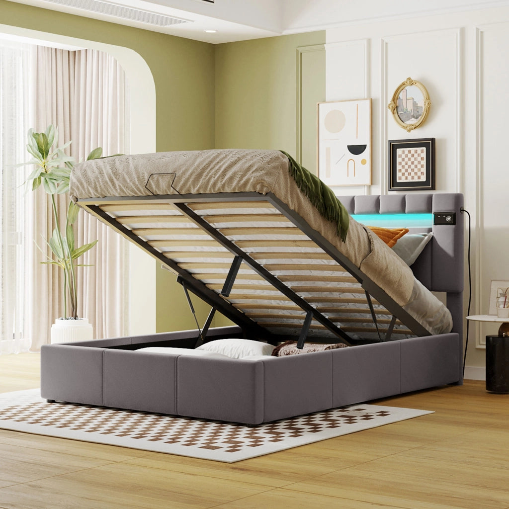 Letto imbottito grigio in velluto con LED; Bluetooth; USB e contenitore idraulico