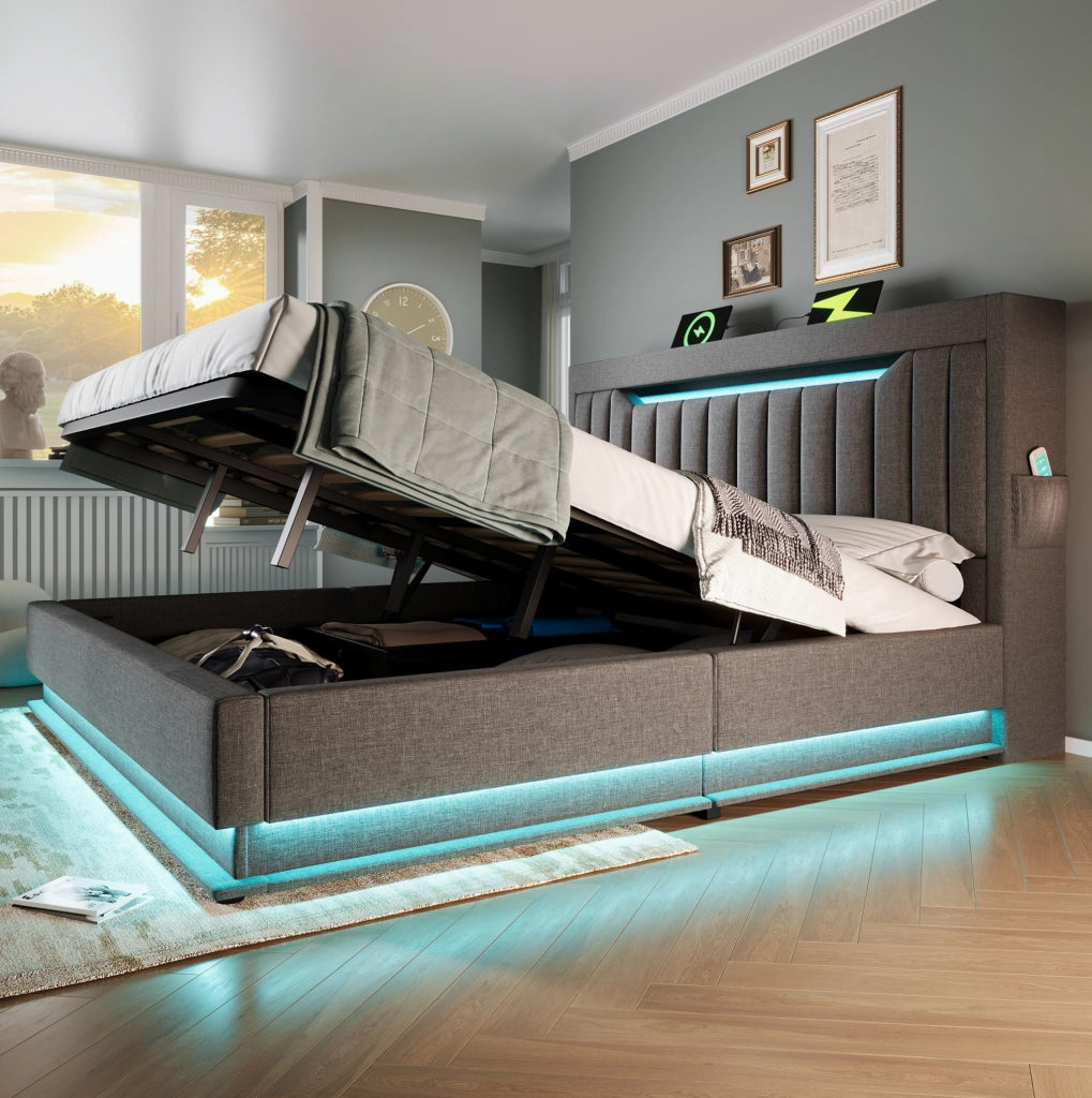 Letto matrimoniale 160x200 cm in lino grigio con LED; USB; contenitore idraulico e materasso