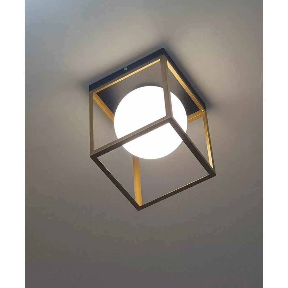 Trade Shop - Lampadario Moderno Nero Oro A Soffitto Plafoniera Quadrata E27 Nordico Con Sfera 32682 -