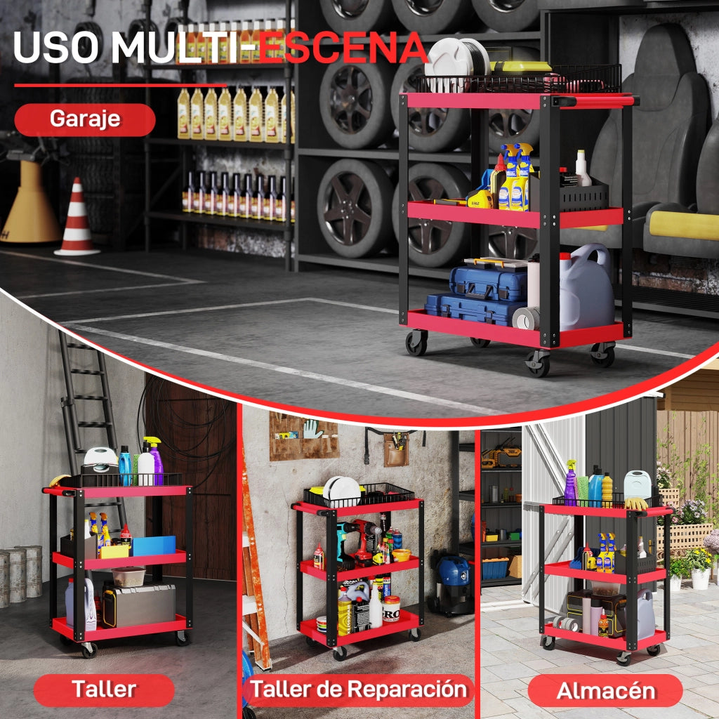 Carrello Portautensili con 3 Ripiani Ruote e Maniglie ¨C Xylo ¨C Capacit¨¤ 120 kg Rosso e Nero