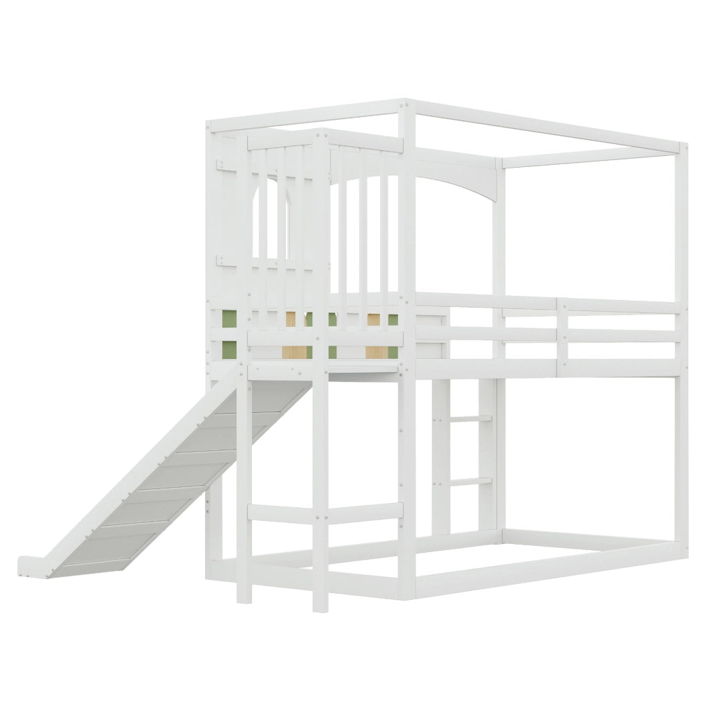 Letto a soppalco per bambini 90x200 cm con scivolo; scala di sicurezza e struttura a casetta