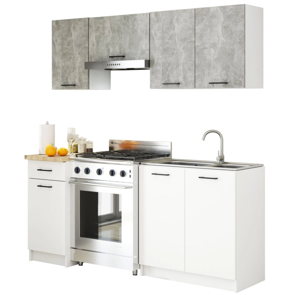AKORD Set di Mobili da Cucina OLIWIA 180 cm Cemento 180 cm 7 ante 1 cassetto inserto frontale Bianco 180x46x203 cm
