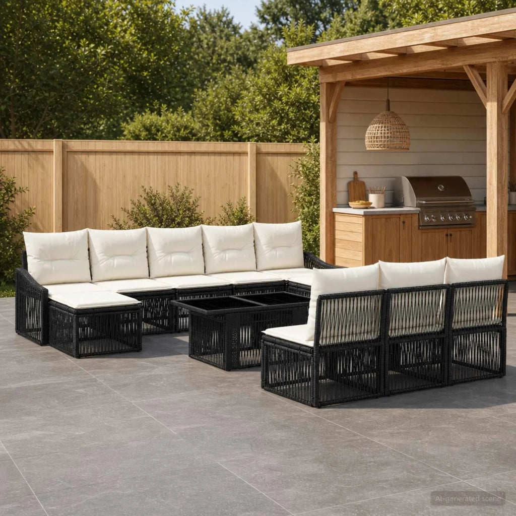 Set Divano da Giardino 11 pz Nero e Bianco Crema polyrattan 3437305