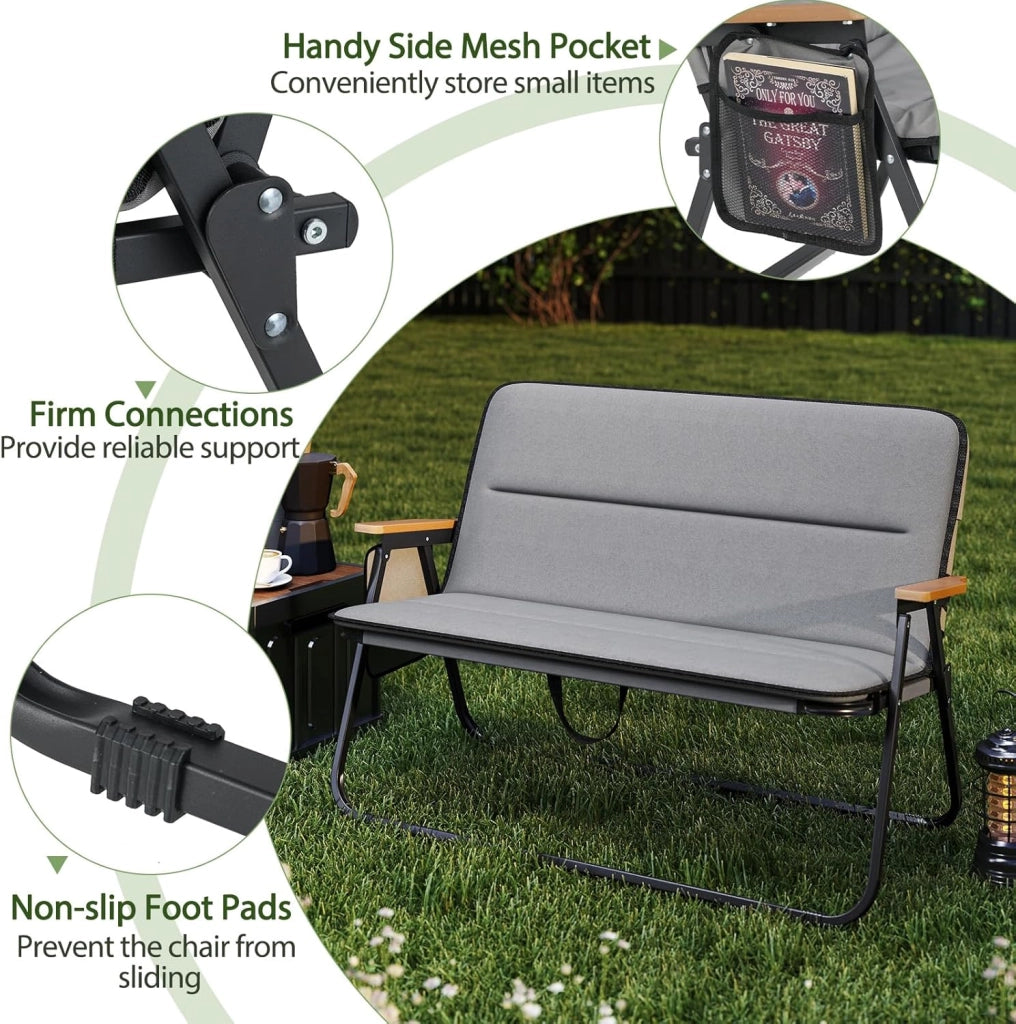Sedia da Campeggio a 2 Posti, Sedia Pieghevole Imbottita con Tasca Laterale, Schienale Alto e Braccioli, Poltrona da Giardino Portatile con Struttura in Metallo, per Picnic, Pesca, Grigio