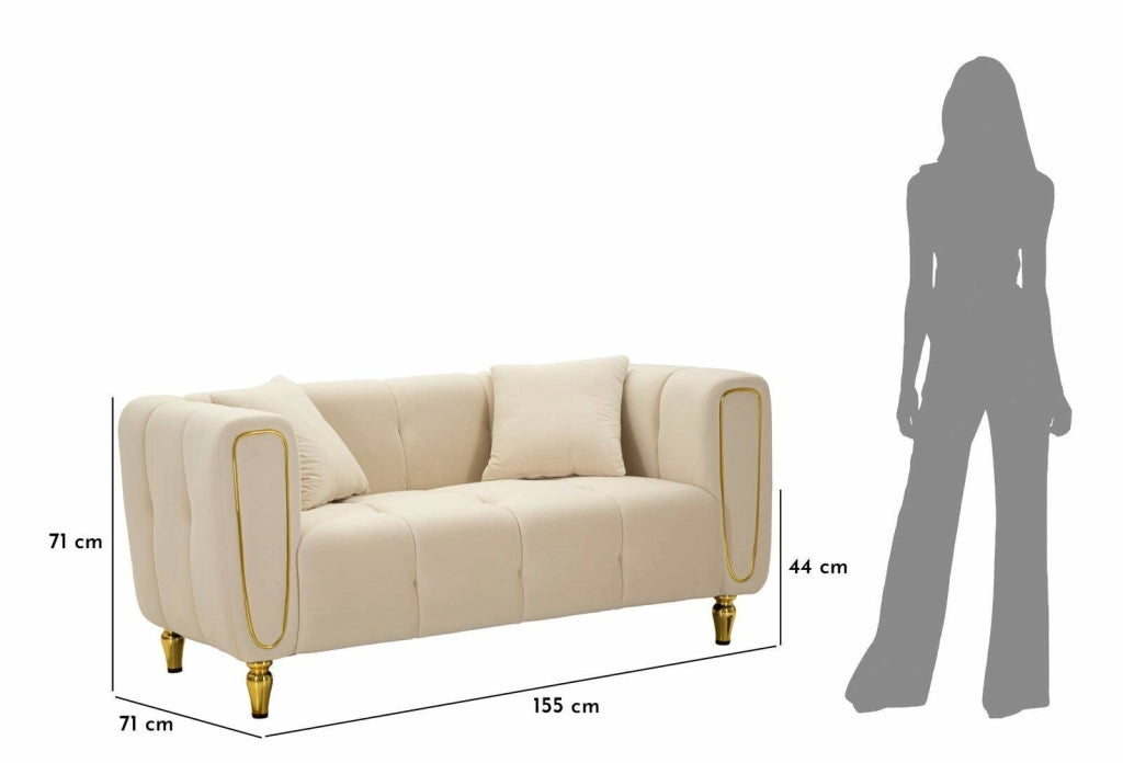 Divano fisso 2 posti Gandolfo, Sofà dritto, Divanetto per salotto, Poltrona matrimoniale, 81x155 h71 cm, Crema e Oro