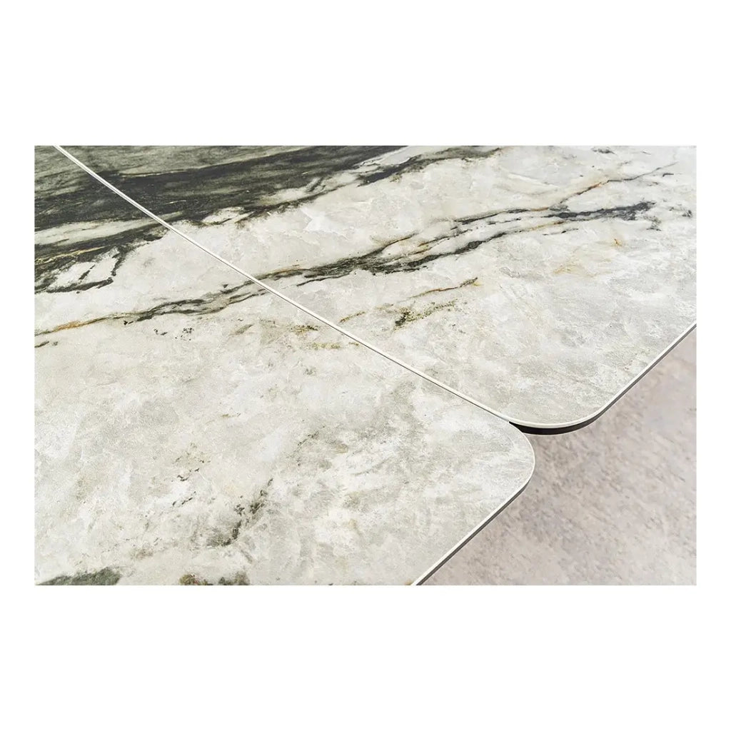 Tavolo da pranzo VORTEX – Estensibile da 180 a 260 cm – Piano in ceramica effetto marmo grigio – Gambe in metallo – Stile moderno