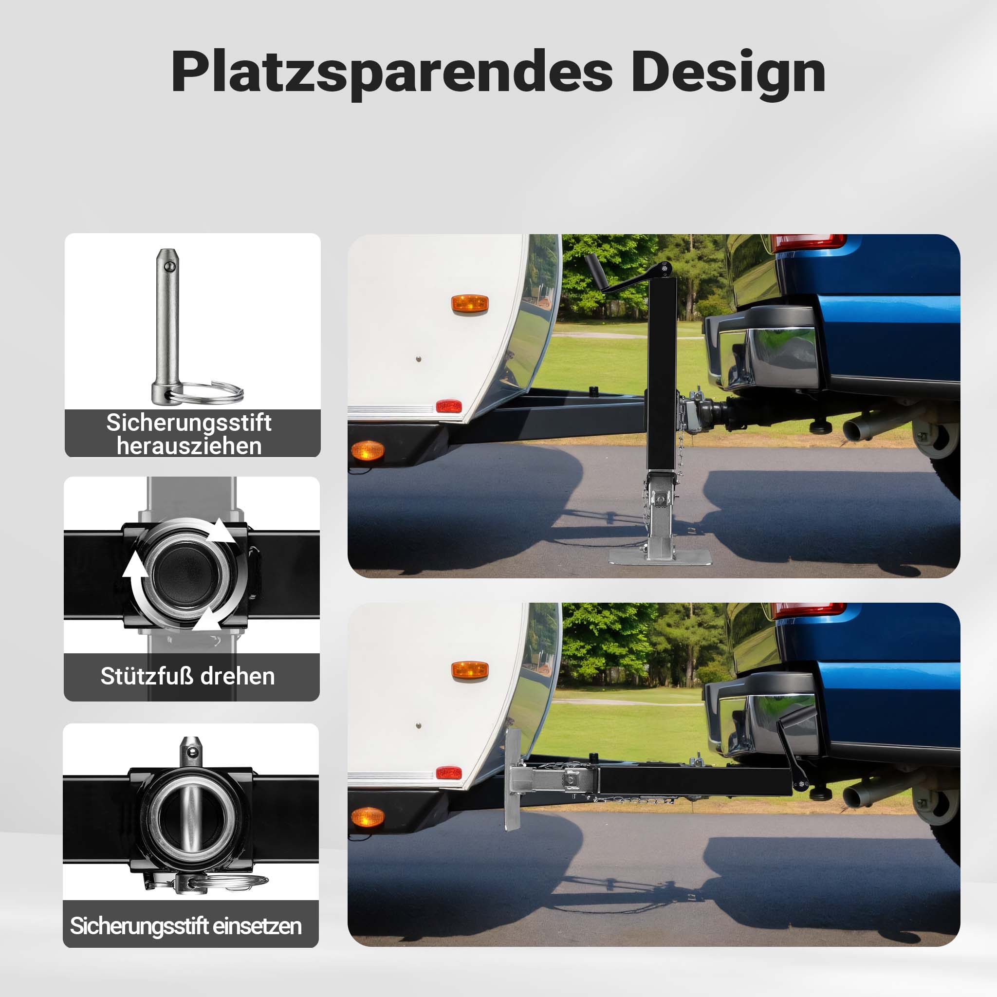 Piede stabilizzatore per rimorchi roulotte, max 900 kg, regolabile in altezza con manovella, con pedale e perno di sicurezza