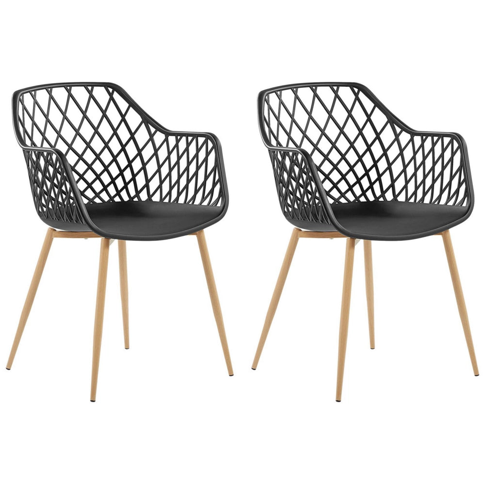 Set di 2 sedie da pranzo Seduta sintetica nera Gambe in metallo in legno chiaro Schienale aperto in rete Soggiorno moderno Stile scandinavo