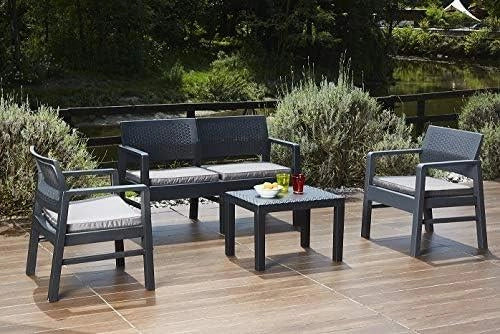 SET MOREEA DA GIARDINO EFFETTO RATTAN IN COLORE ANTRACITE CON CUSCINI