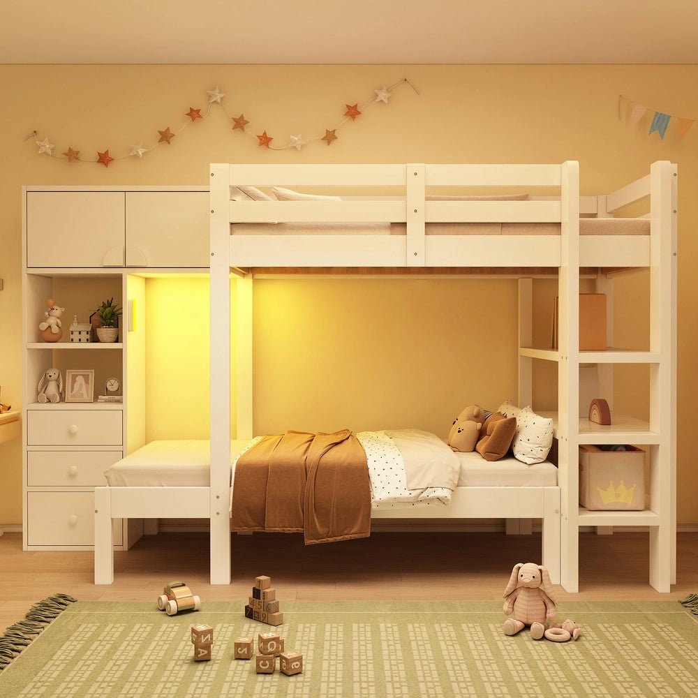 Letto a soppalco con cassetti ¨C Minimal ¨C 90x200 cm, bianco, con luce led e armadio
