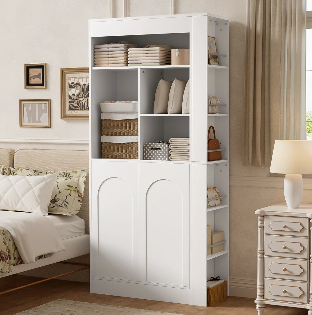 Mobile alto ULEVR 85x35x180 cm con 2 ante, ripiani aperti e ripiani laterali, bianco