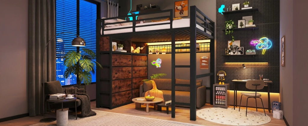 LETTO ALTO 140x200 cm Nero in Metallo e MDF con 8 cassetti