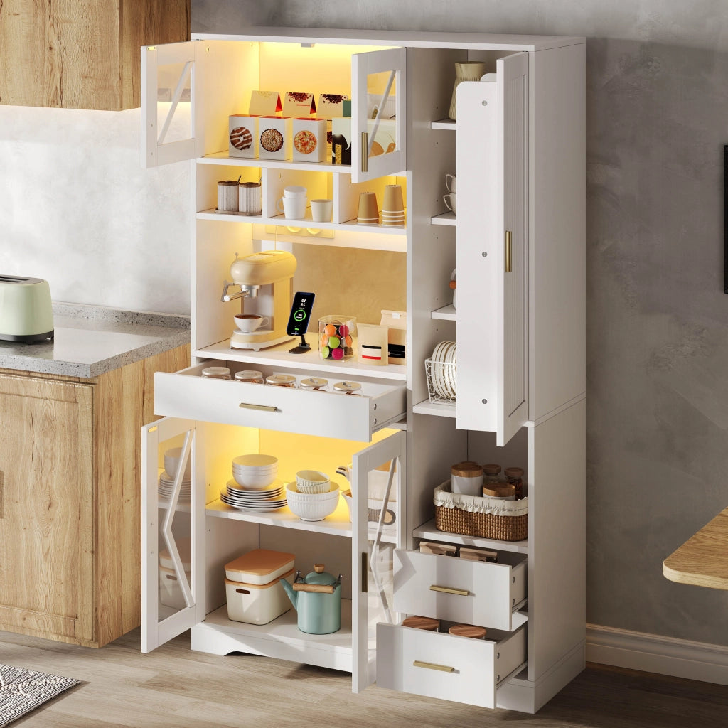 Credenza con LED a colori e prese, ante in vetro e ripiani regolabili, per cucina e soggiorno, bianca 185 × 105 × 40 cm