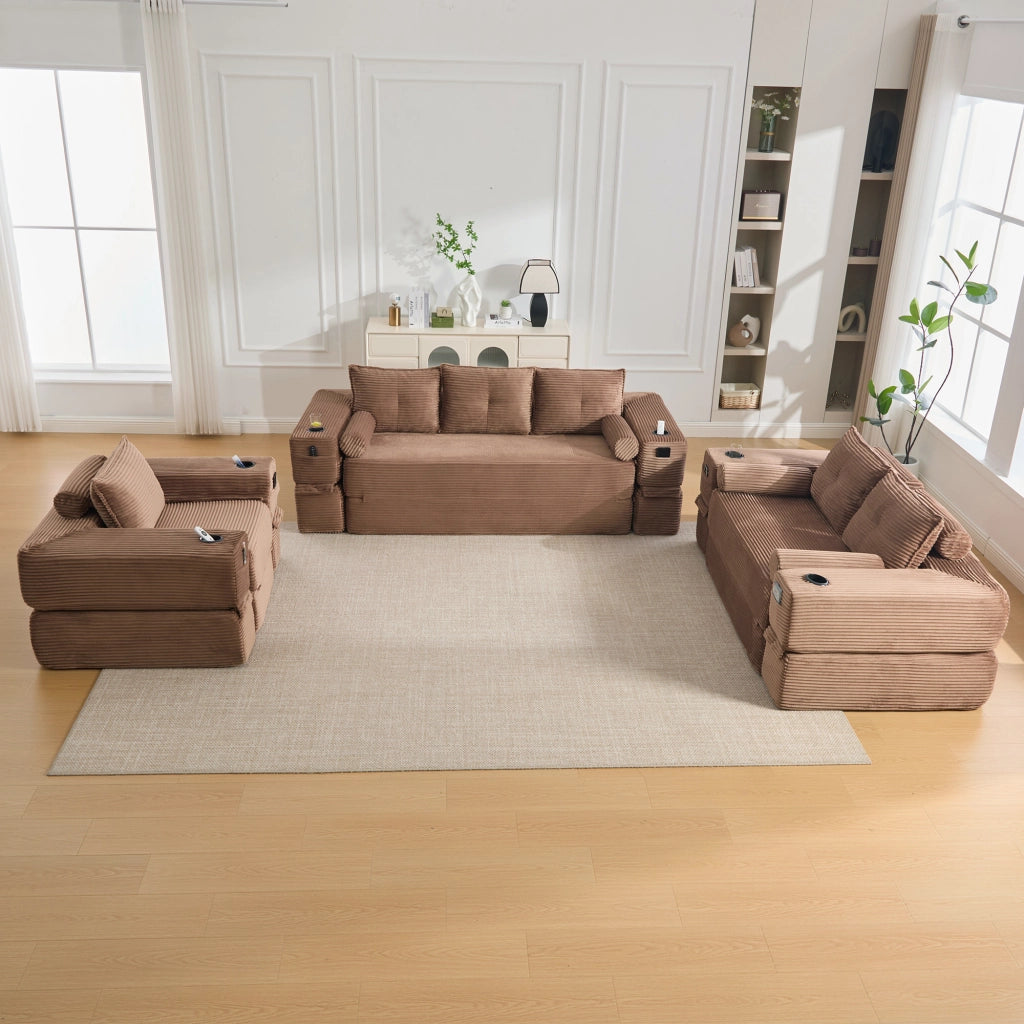 Divano letto pieghevole con portabicchieri tasche laterali e cuscini in memory foam in velluto a coste marrone