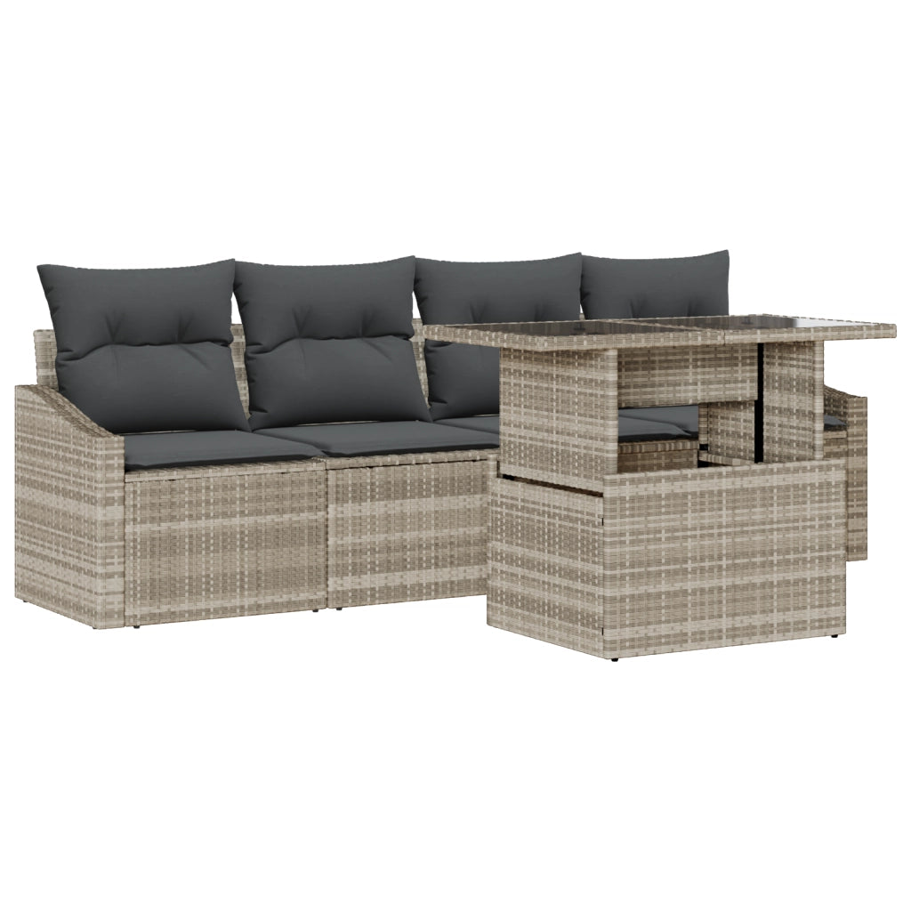 Set Divano da Giardino a 5 Pezzi con Cuscini Grigio Chiaro in Polyrattan