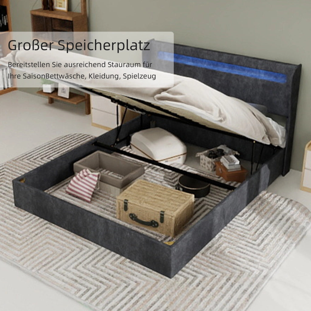 Letto Basso 140x200 cm; LED Regolabile e Schienale Regolabile - in Tessuto e Metallo - Grigio