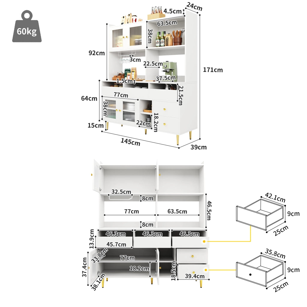 Credenza Alta da Cucina con Ante in Vetro Rigato; Cassetti e Portabottiglie; in MDF; 145x39x171 cm; Bianco