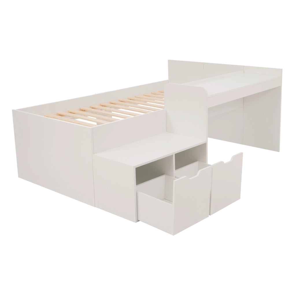 Lettino per bambini 90x200 cm con scrivania e 2 cassetti; in legno massiccio e MDF; bianco