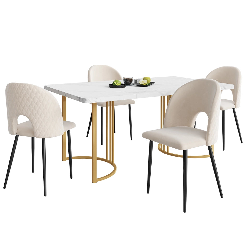 Set da pranzo 140x80x75 cm con tavolo effetto marmo; velluto beige