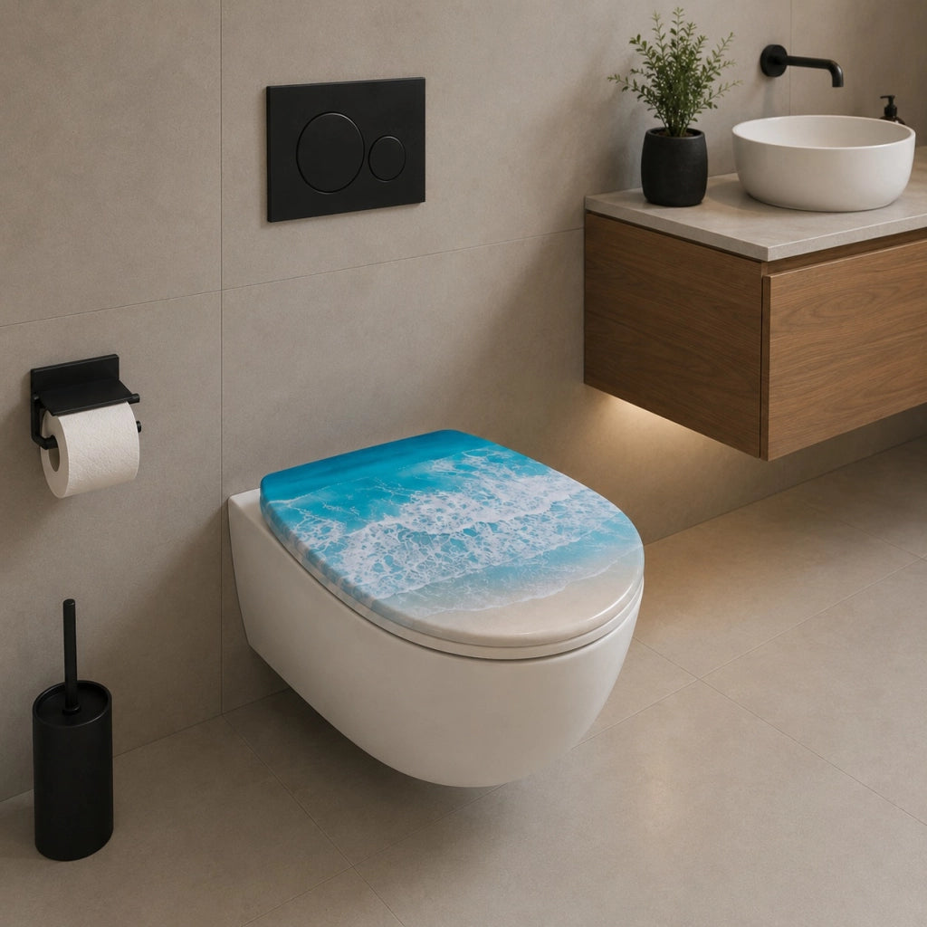 Sedile Copriwater Universale Per Bagn MDF Effetto Onde Marine Con Cerniere 94108