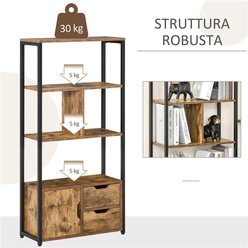 MOBILE LIBRERIA CON 3 RIPIANI, ARMADIETTO E 2 CASSETTI, IN TRUCIOLATO E METALLO, 58X24X122 CM