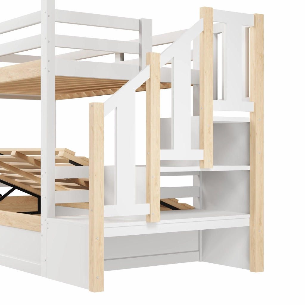 Letto a castello 90x200 cm in pino e MDF con vano contenitore idraulico, stile casa, bianco e naturale