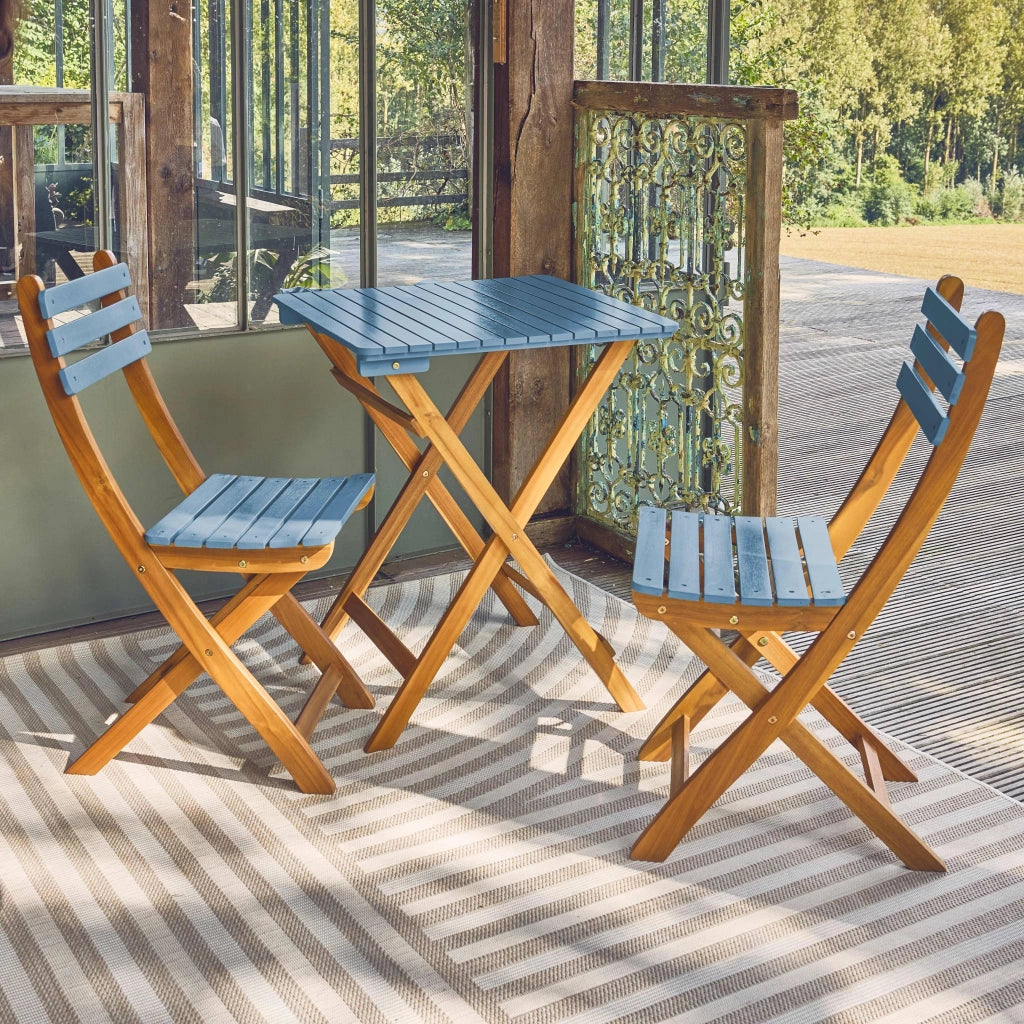Set tavolo da giardino in legno di acacia con 2 sedie pieghevoli, blu