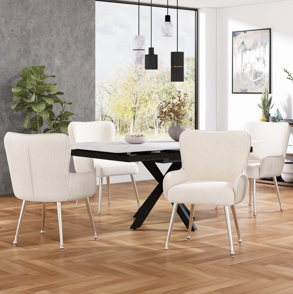 Set di 6 sedie imbottite in velluto beige con braccioli e piedini regolabili