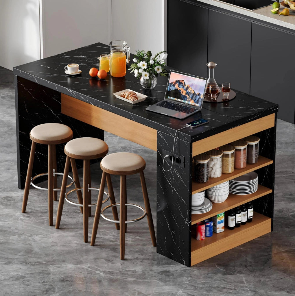 Isola cucina 155x80x90 cm con LED, prese USB e ripiani