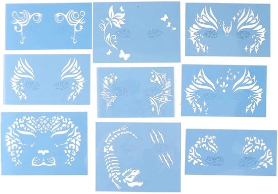 Set di stencil per trucco - 9 pezzi - Materiali PET - Riciclabili - Idoneo per la pittura del corpo - Stencil per trucco riutilizzabili