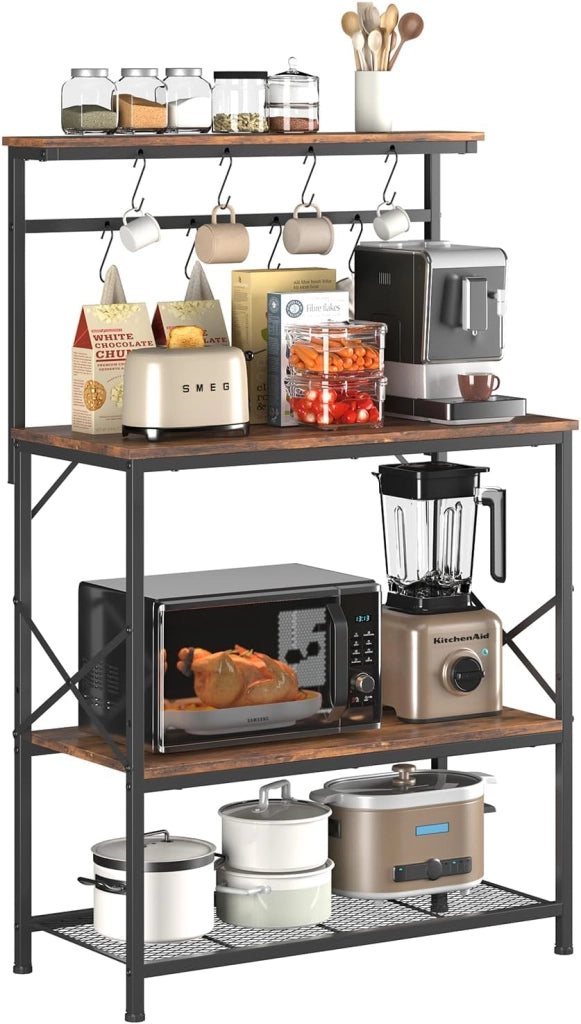 Scaffalatura, Scaffale Cucina, Scaffale a Piede, Scaffale per Microonde, Scaffale Spezie, Libreria con Protezione Anti-Ribaltamento, Mobile con 4 Ripiani, 8 Ganzi a S, 80x40x126cm, Marrone