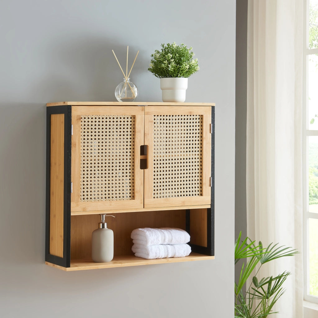 Armadio da Parete Tervola per Bagno in Bambù - Nero / Naturale / Effetto Rattan [en.casa]
