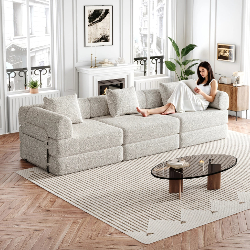 Divano letto 2 in 1 con vano portaoggetti nel bracciolo in chenille kaki