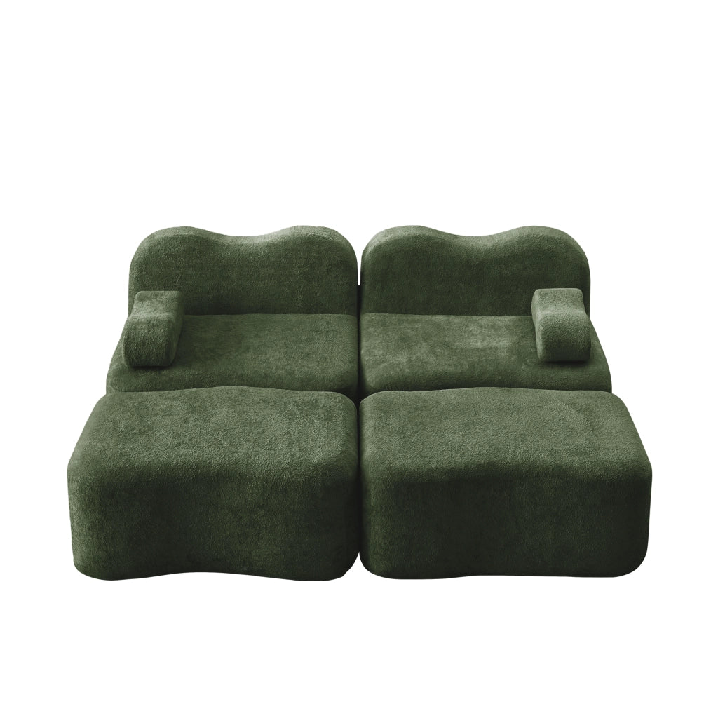 Canapé modulaire 2 posti con pouf collegabili, seduta profonda e schiuma ad alta densità per soggiorno in velluto verde
