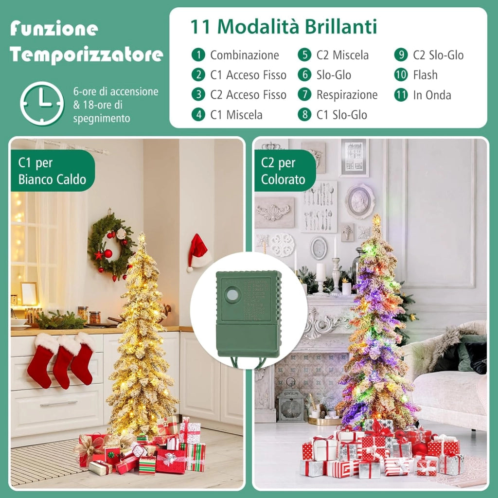 Albero di Natale Slim 120/150 CM, Albero di Natale Innevato con 225/334 Punte PVC, Timer, 100/150 Luci LED a 2 Colori e 11 Modalità di Illuminazione, Decorazione Natalizia Ideale (120 CM)