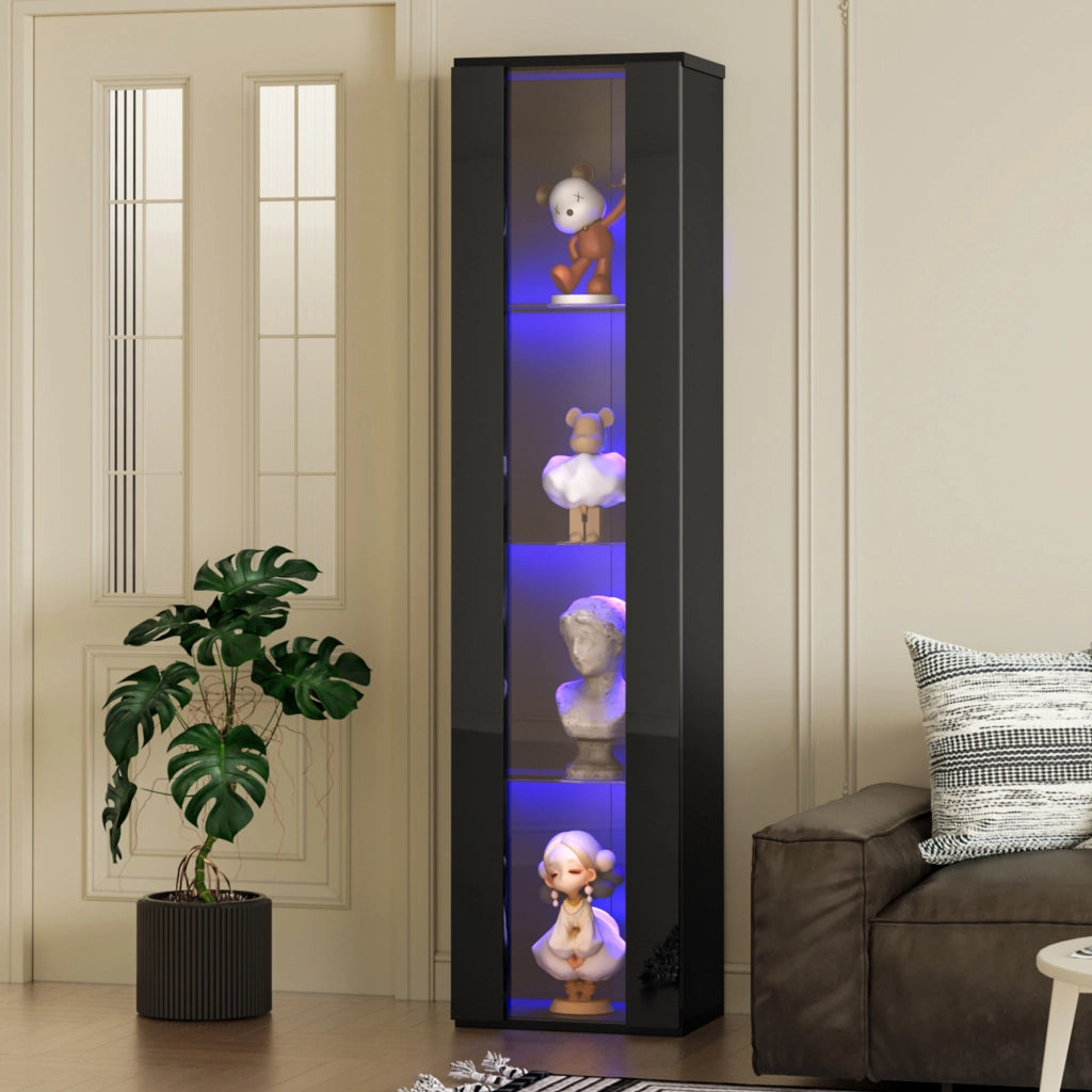 OKWISH Vetrina con 4 Livelli, Illuminazione LED con Cambio Colore, per Soggiorno, Nero, 40 x 29 x 170 cm