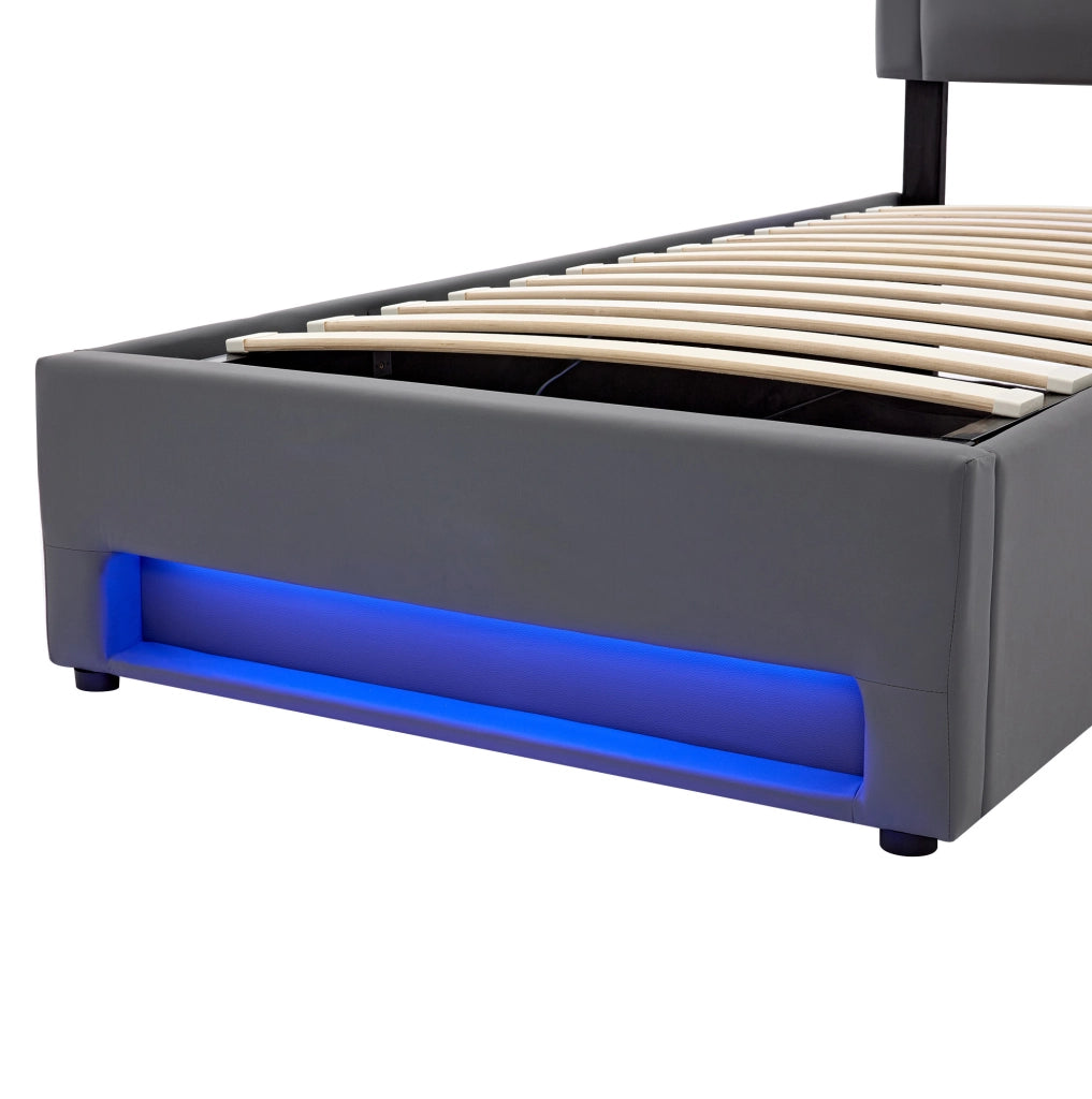 Letto imbottito 90x200 cm in PU grigio con USB; LED e contenitore