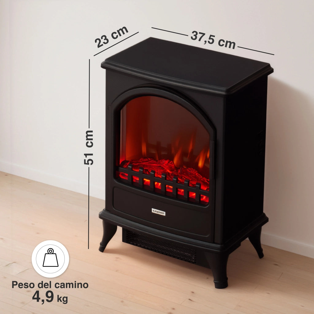 KAMINIO Camino elettrico LENI - Stufa elettrica con riscaldamento, effetto fiamma 3D - Nero