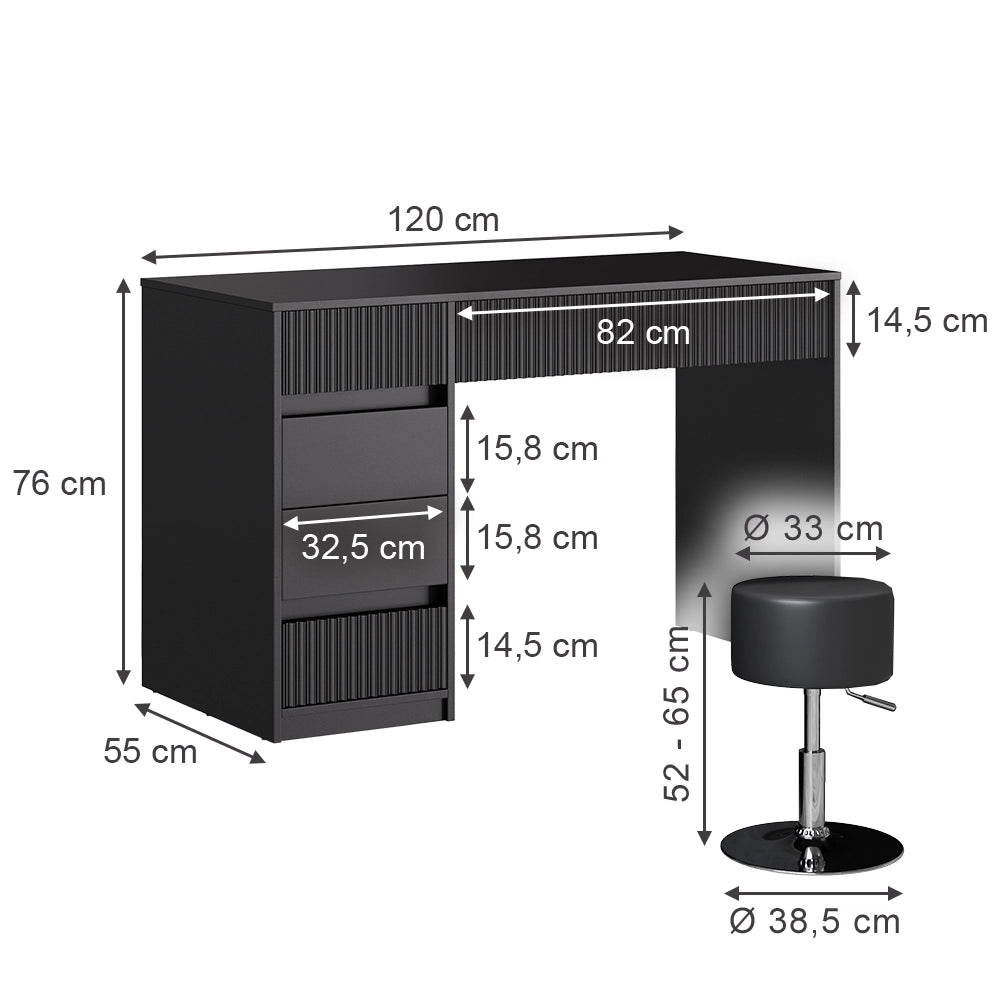 Vicco Tavolino da toeletta Nero 120 cm con sgabello