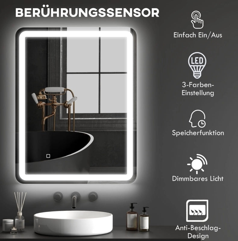 Specchio da bagno luminoso 70x90 cm argento, touch, antiappannamento, dimmerabile